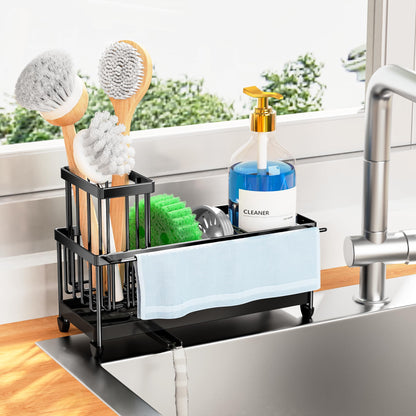 Cisily Sponge Holder for Kitchen Sink, Sink Caddy with High Brush Holder, Organzier Rustproof 304 Stainless Steel Dish Organizer Divider, Soap Dispenser Storage (Black)