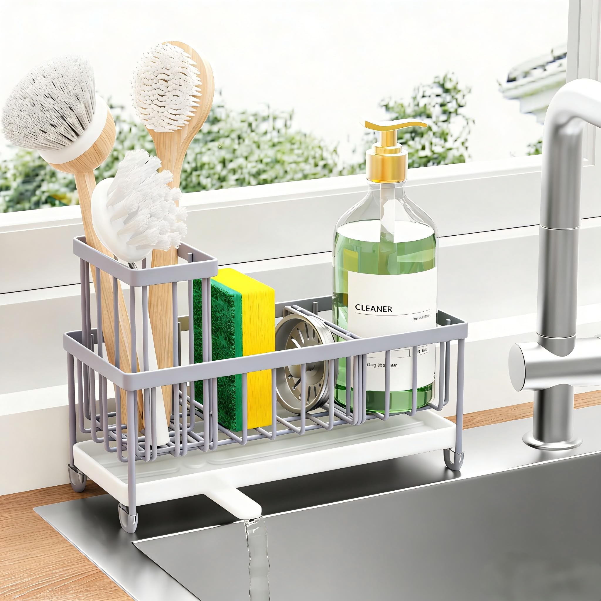 Cisily Sponge Holder for Kitchen Sink, Sink Caddy with High Brush Holder, Organzier Rustproof 304 Stainless Steel Dish Organizer Divider, Soap Dispenser Storage (Black)