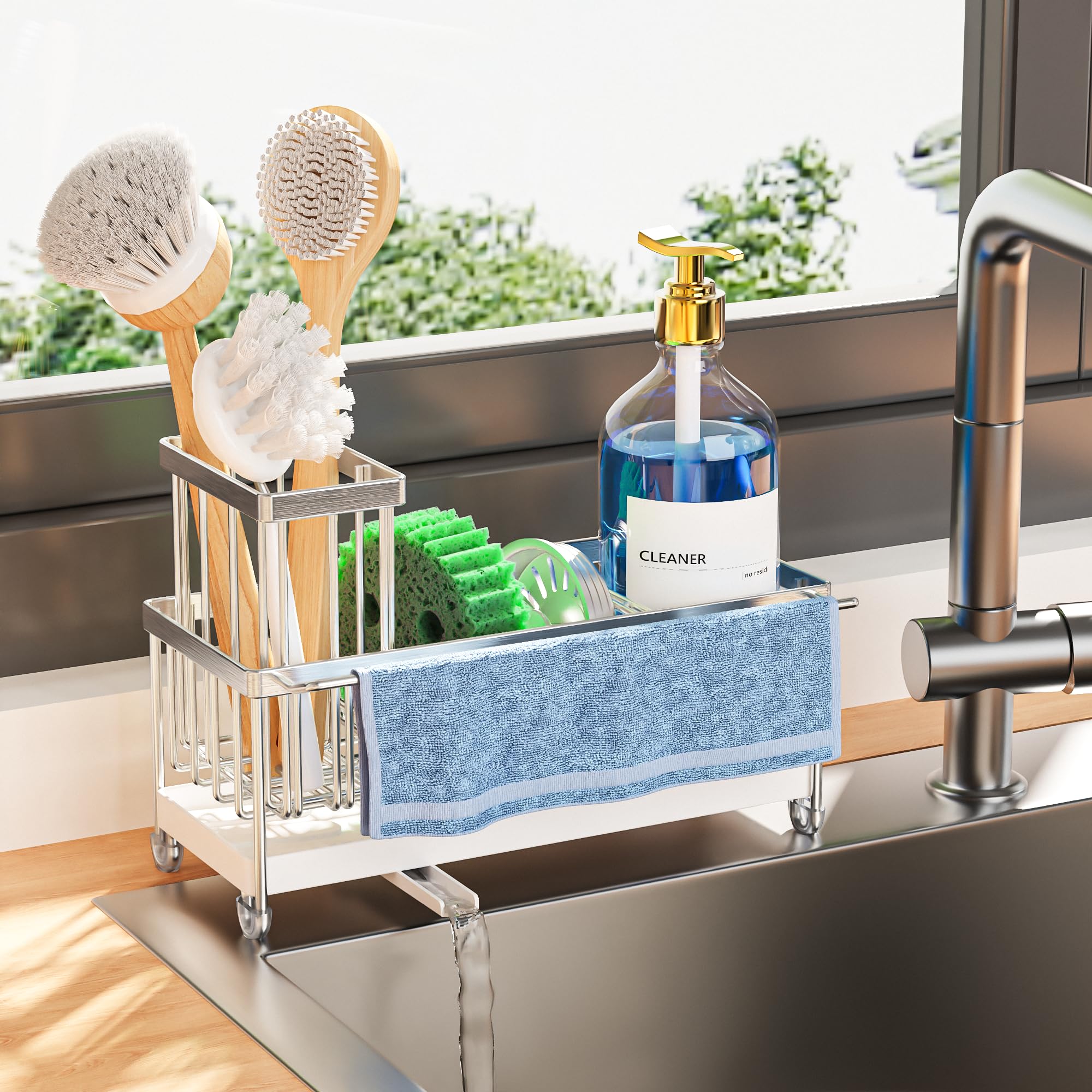 Cisily Sponge Holder for Kitchen Sink, Sink Caddy with High Brush Holder, Organzier Rustproof 304 Stainless Steel Dish Organizer Divider, Soap Dispenser Storage (Black)