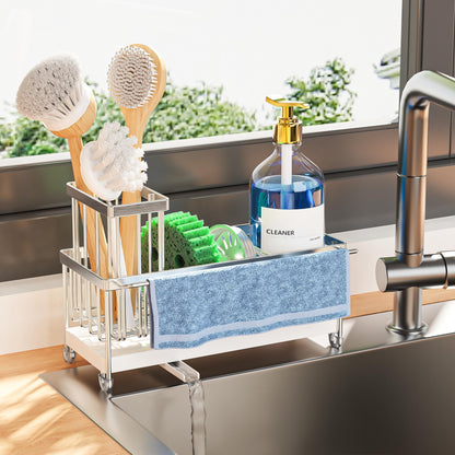 Cisily Sponge Holder for Kitchen Sink, Sink Caddy with High Brush Holder, Organzier Rustproof 304 Stainless Steel Dish Organizer Divider, Soap Dispenser Storage (Black)