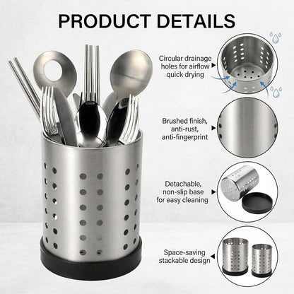 TOPZEA Set of 4 Kitchen Utensil Holder, Stainless Steel Cooking Utensil Organizer Kitchen Tools Flatware Holder Utensil Drying Cylinder Countertop Silverware Caddy