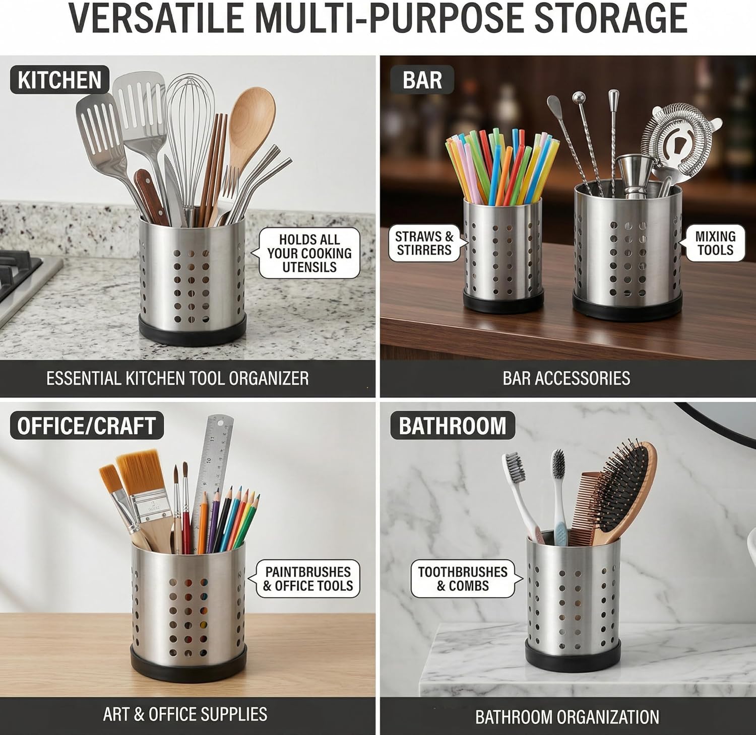 TOPZEA Set of 4 Kitchen Utensil Holder, Stainless Steel Cooking Utensil Organizer Kitchen Tools Flatware Holder Utensil Drying Cylinder Countertop Silverware Caddy