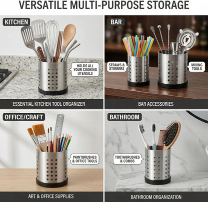 TOPZEA Set of 4 Kitchen Utensil Holder, Stainless Steel Cooking Utensil Organizer Kitchen Tools Flatware Holder Utensil Drying Cylinder Countertop Silverware Caddy