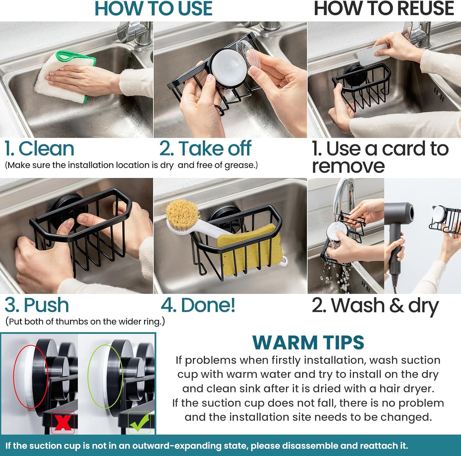 TAILI Dish Sponge Holder for Kitchen Sink with Strong Sucion Cup, Removable, Rustproof Aluminum Sink Caddy for Sponge, Brush and Scraper -Black