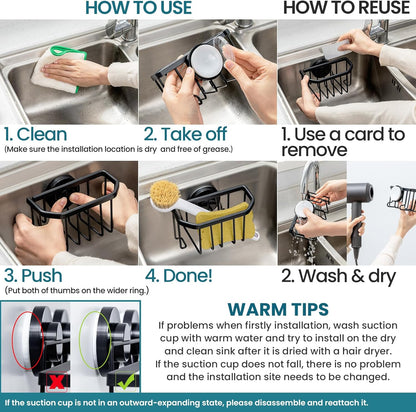 TAILI Dish Sponge Holder for Kitchen Sink with Strong Sucion Cup, Removable, Rustproof Aluminum Sink Caddy for Sponge, Brush and Scraper -Black
