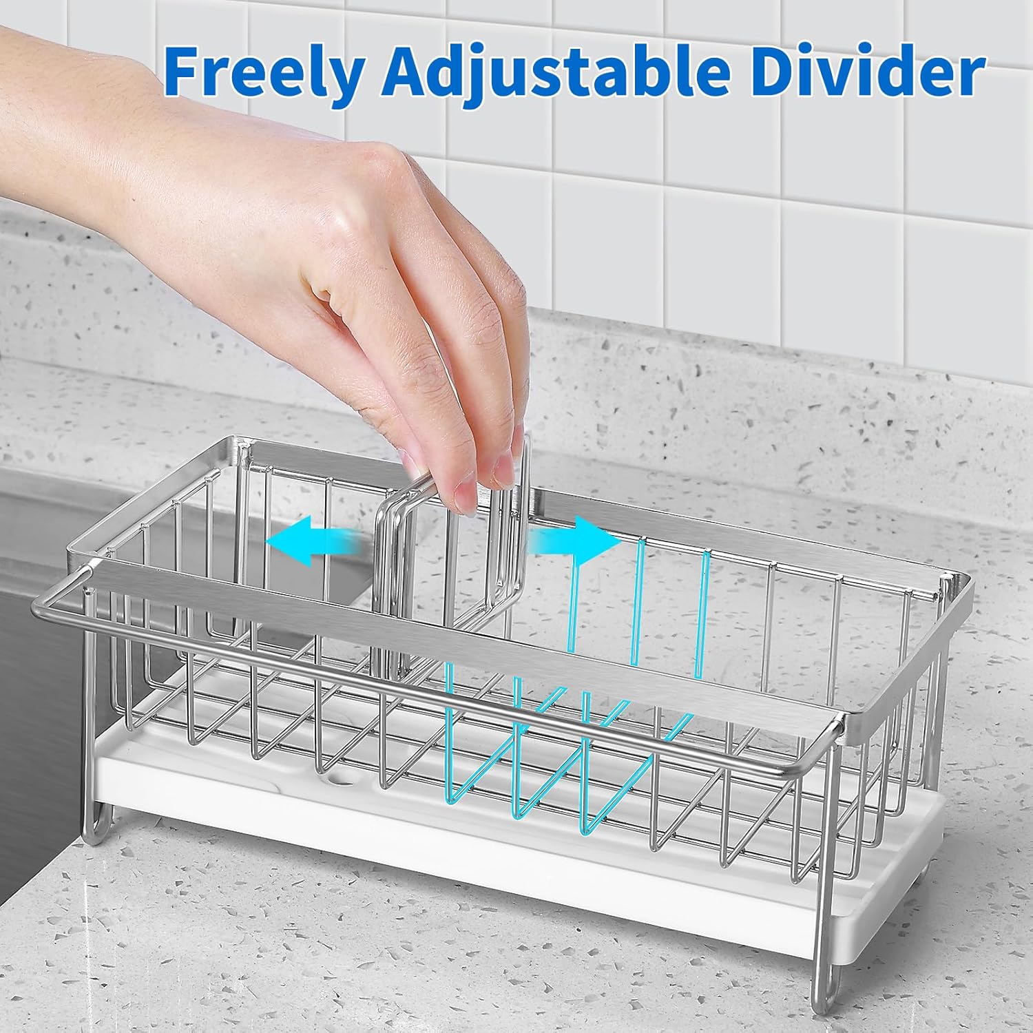 Cartilage Kitchen Sink Organizer, Sink Caddy Sponge Holder,Sink Sponge Holder for Kitchen Dish Rack,Rustproof 304 Stainless Steel with Auto Draining Tray and Organizer Divider,2 pcs Scrub Sponge
