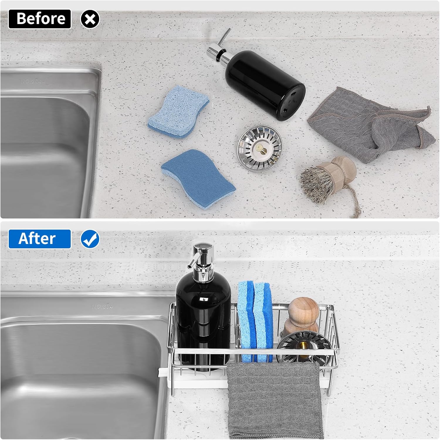Cartilage Kitchen Sink Organizer, Sink Caddy Sponge Holder,Sink Sponge Holder for Kitchen Dish Rack,Rustproof 304 Stainless Steel with Auto Draining Tray and Organizer Divider,2 pcs Scrub Sponge
