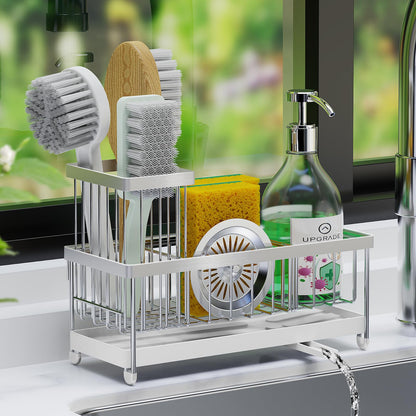 Cartilage Kitchen Sink Organizer, Sink Caddy Sponge Holder,Sink Sponge Holder for Kitchen Dish Rack,Rustproof 304 Stainless Steel with Auto Draining Tray and Organizer Divider,2 pcs Scrub Sponge