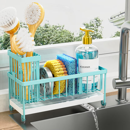 Cisily Sponge Holder for Kitchen Sink, Sink Caddy with High Brush Holder, Organzier Rustproof 304 Stainless Steel Dish Organizer Divider, Soap Dispenser Storage (Black)