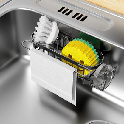 Cisily Kitchen Sink Caddy Sponge Holder in The Sink, Stainless Steel Kitchen Sink Organizer, Brush Holder, Dish Cloth Hanger, Sink Stopper Holder with 2 Installation Ways (Black)