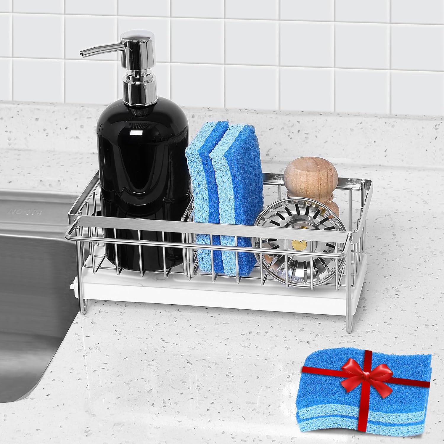 Cartilage Kitchen Sink Organizer, Sink Caddy Sponge Holder,Sink Sponge Holder for Kitchen Dish Rack,Rustproof 304 Stainless Steel with Auto Draining Tray and Organizer Divider,2 pcs Scrub Sponge