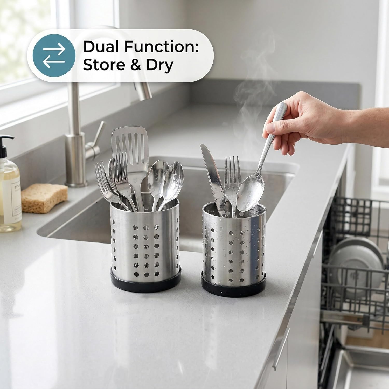 TOPZEA Set of 4 Kitchen Utensil Holder, Stainless Steel Cooking Utensil Organizer Kitchen Tools Flatware Holder Utensil Drying Cylinder Countertop Silverware Caddy