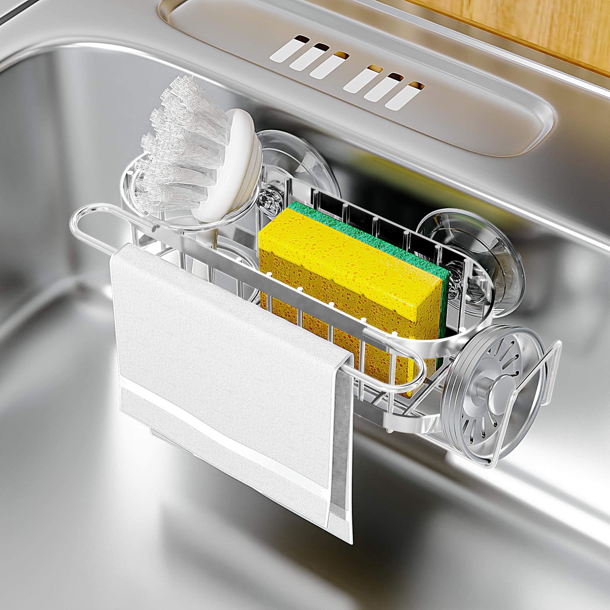 Cisily Kitchen Sink Caddy Sponge Holder in The Sink, Stainless Steel Kitchen Sink Organizer, Brush Holder, Dish Cloth Hanger, Sink Stopper Holder with 2 Installation Ways (Black)