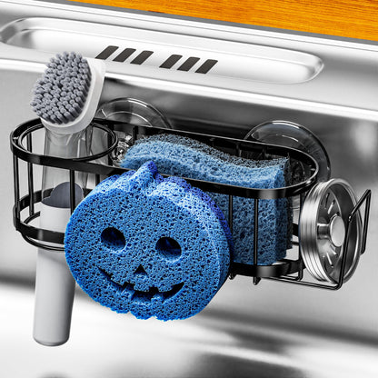 Cisily Kitchen Sink Caddy Sponge Holder in The Sink, Stainless Steel Kitchen Sink Organizer, Brush Holder, Dish Cloth Hanger, Sink Stopper Holder with 2 Installation Ways (Black)