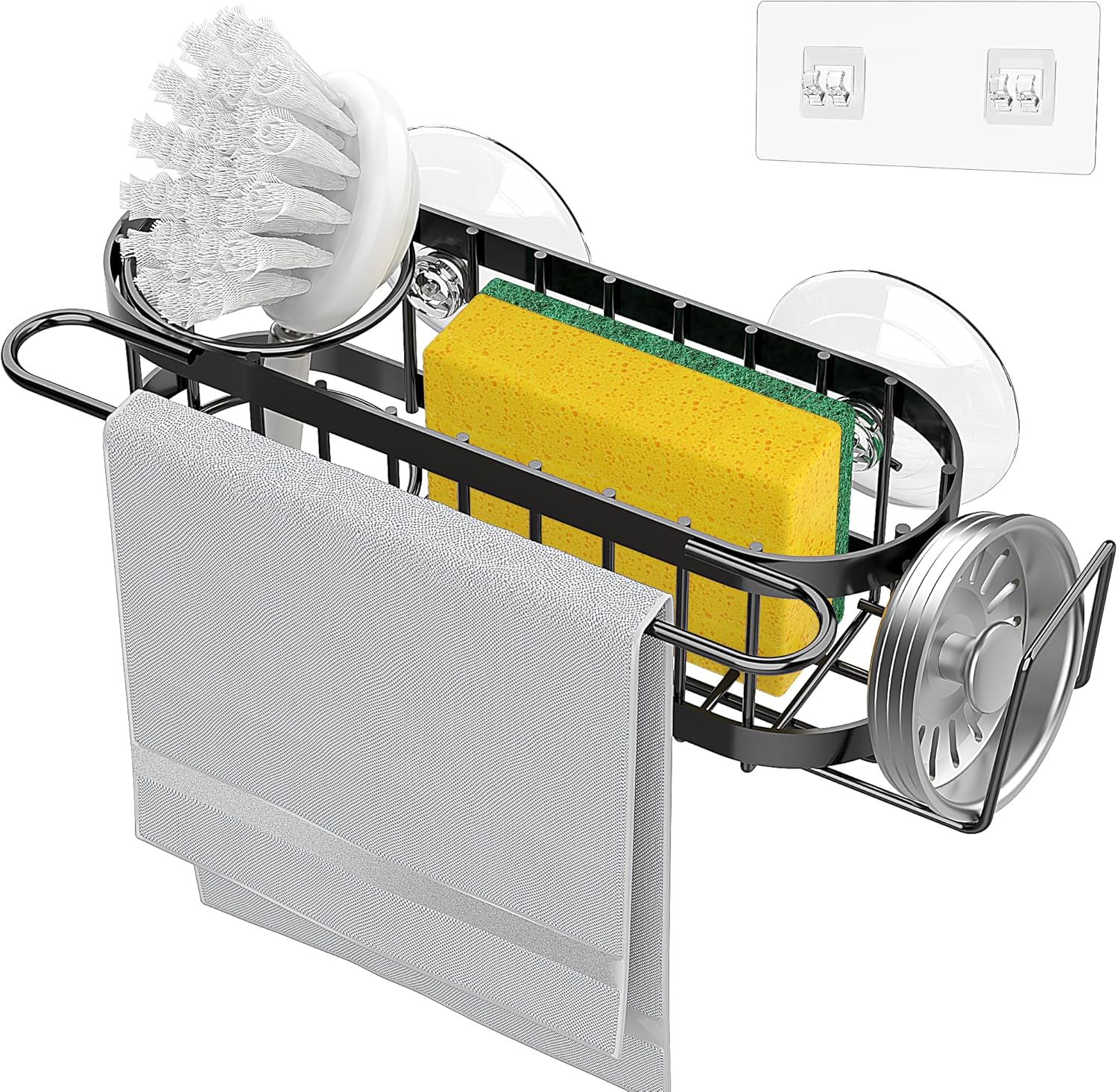 Cisily Kitchen Sink Caddy Sponge Holder in The Sink, Stainless Steel Kitchen Sink Organizer, Brush Holder, Dish Cloth Hanger, Sink Stopper Holder with 2 Installation Ways (Black)