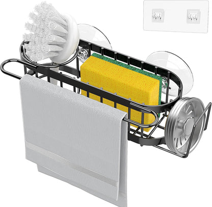 Cisily Kitchen Sink Caddy Sponge Holder in The Sink, Stainless Steel Kitchen Sink Organizer, Brush Holder, Dish Cloth Hanger, Sink Stopper Holder with 2 Installation Ways (Black)